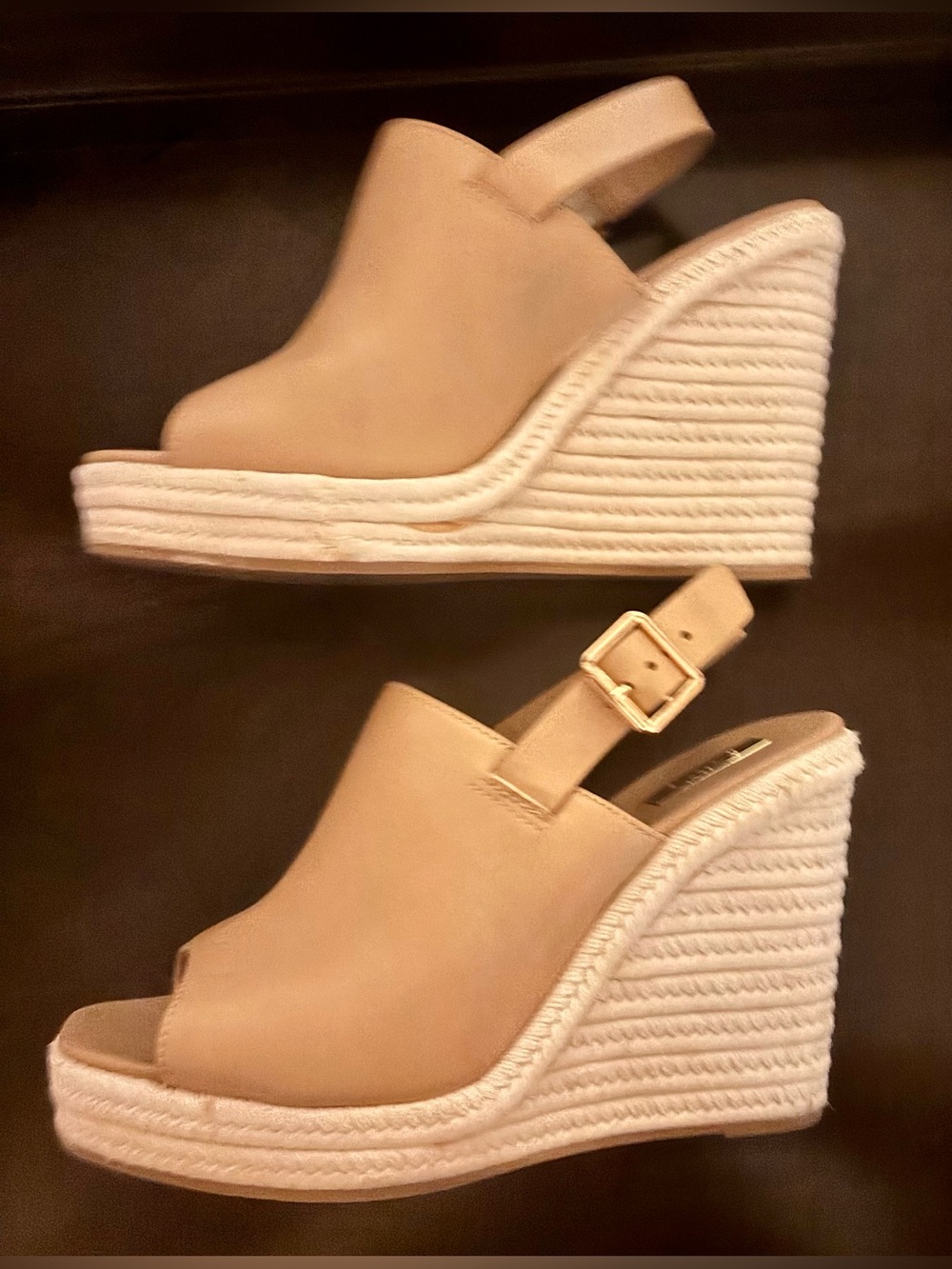 Pink Lily Beige Peep-Toe Espadrille Wedge Sandals